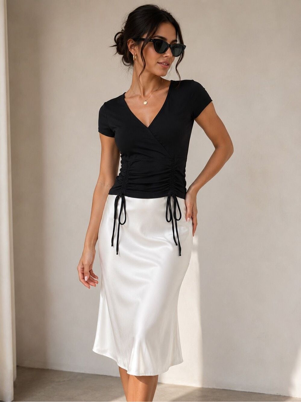 Popular 21 Black Ruched Wrap Crop Top Short Sleeve Drawstring Stretch Size L